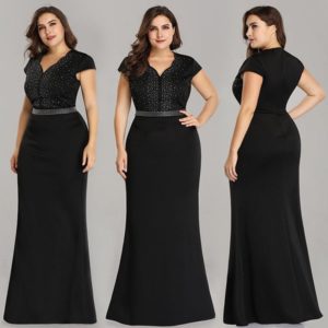 Long Black Plus Size V-Neck Fishtail Beaded Evening Dresses Cocktail Prom Gowns