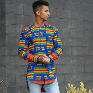 celebrity kente shirt style with jeans trousers for men - momoafrica