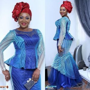 lace ankara fabric skirt and long sleeve blouse with cute red hair tie for church service - mindbeautyandfashionworld blogspot