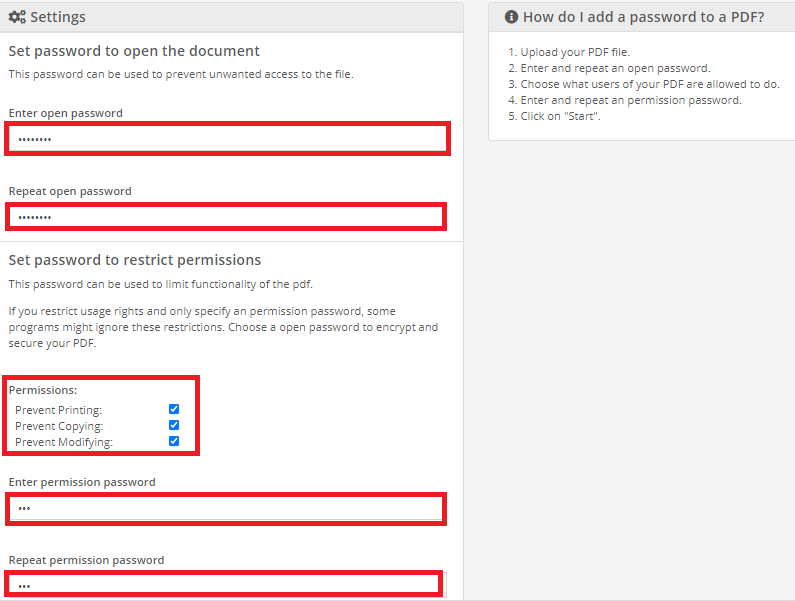 pdf password protection settings