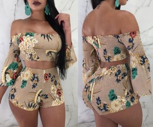 floral ankara print high waist hort knickers with off shoulder, long sleeve crop top for young ladies