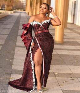 off shoulder, stylish ankara lace long, high split gown for young, curvy ladies