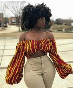 off shoulder ankara crop top with trousers for curvy short ladies