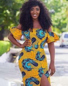 off shoulder front-split ankara short gown with stylish sleeves