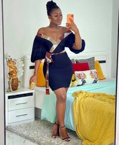 classy, off shoulder, balloon sleeved ankara short gown style for slim, curvy ladies