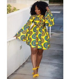 front-knotted, high flay, ankara short gown with funnel-shaped sleeve style