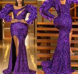 stylish ankara lace long slit gown for wedding party and pageantry