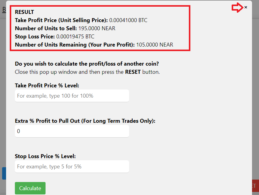 crypto trading profit loss calculator: result of the calculated sell order details for long term trade
