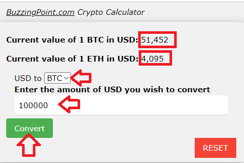 specify your destination currency and then enter the USD amount you wish to convert to BTC or ETH