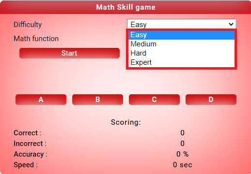 maths game app - select a difficulty level