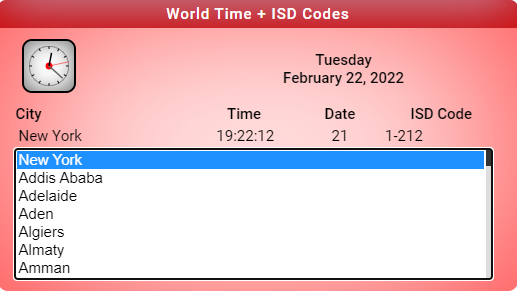world time + isd code app for various cities and countries of the world