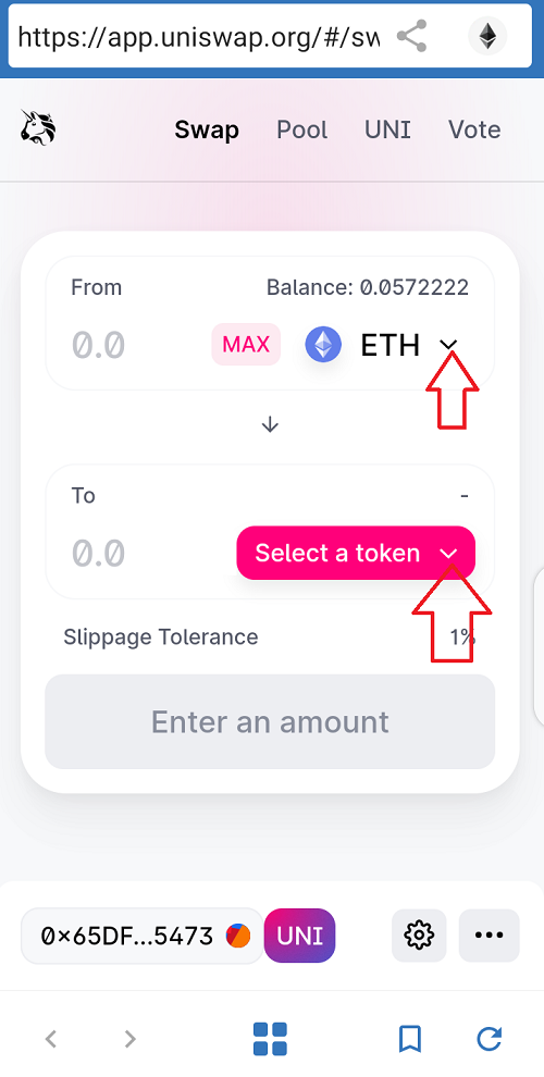 how to use the dapp browser of any private wallet app - specify the swap source and destination tokens
