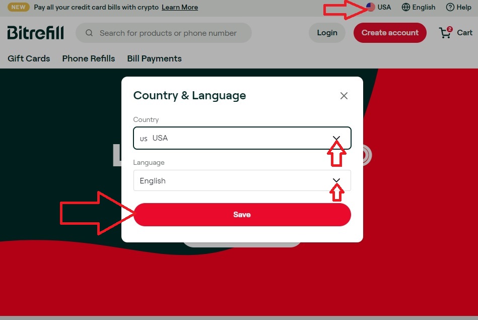 how to change your country and language on bitrefill