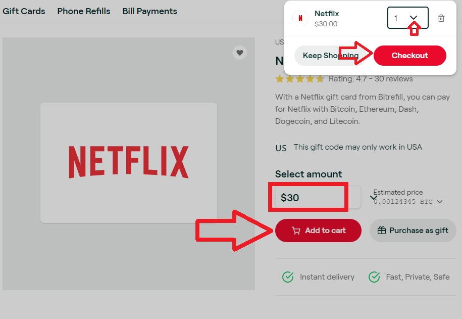 specify the amount of netflix gift card to buy and checkout